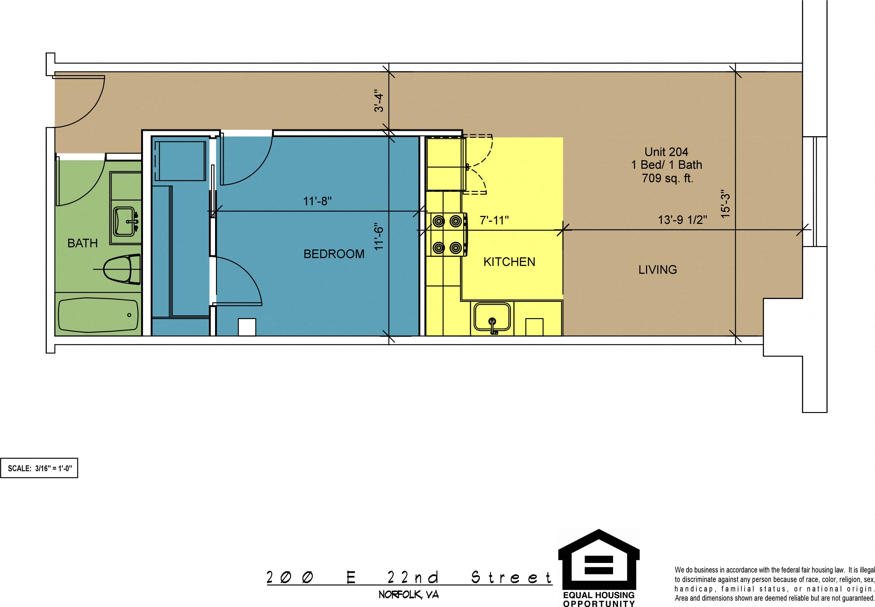 Floor plan for 1 bed, 1 bath, 709 sqft